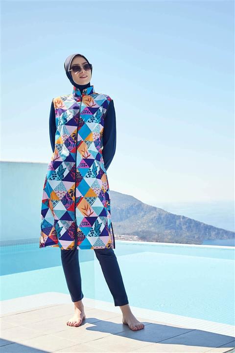 Haşema Geometrik Desenli Lacivert Tesettür Mayo