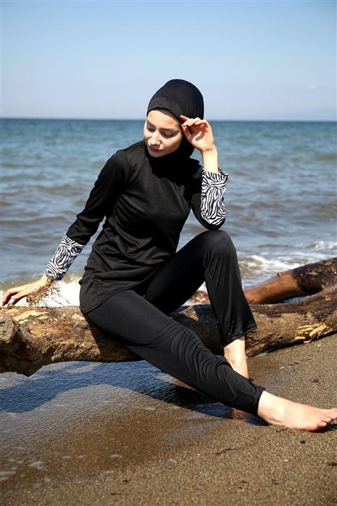 Marina Kadın Siyah Kolu Zebra Desenli Tam Kapalı Tesettür Mayo R1011