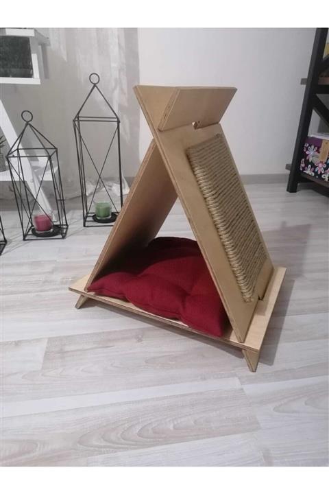 RMDSHOP Kedi Evi Kedi Yatağı Minderli Kontraplak