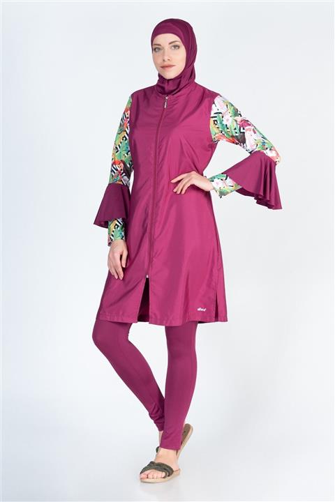 ALFASA 316 Uzun Kol Taytlı Fırfır Kol Detaylı Taytlı Tam Kapalı Tesettür Mayo Mürdüm