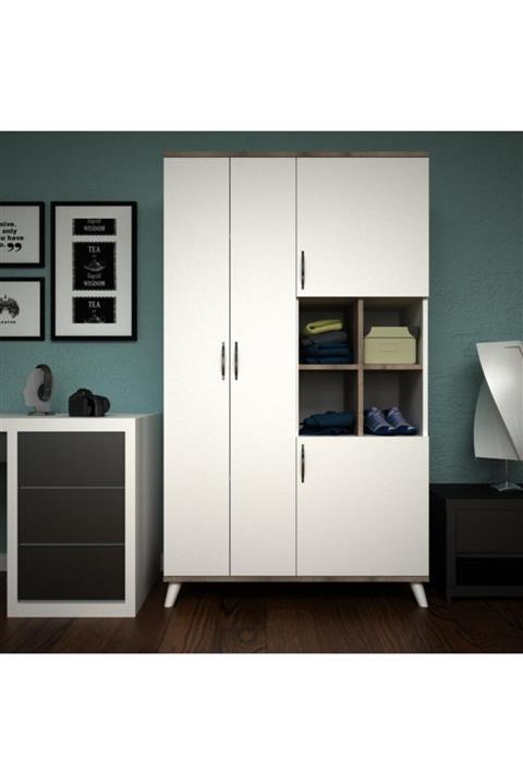 EraHome 4 Kapaklı Elbise Dolabı Yatak Odası Dolap Askılıklı Raflı Gardırop Beyaz