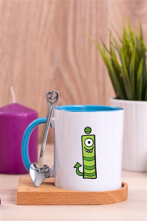 Procity Sevimli Canavarlar I Harfi Çocuklara Özel Ahşap Altlıklı Kaşıklı Mavi Kupa Bardak