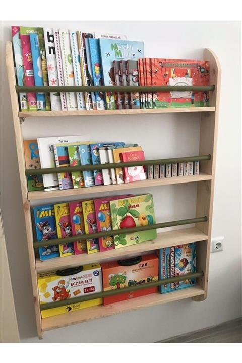 MrtAhşap Montessori Kitaplık Geniş Model Yuvarlak Çıtalı (haki Yeşili)