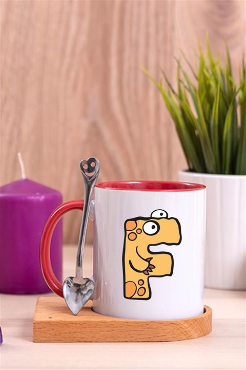 Procity Sevimli Canavarlar F Harfi Çocuklara Özel Ahşap Altlıklı Kaşıklı Kırmızı Kupa Bardak