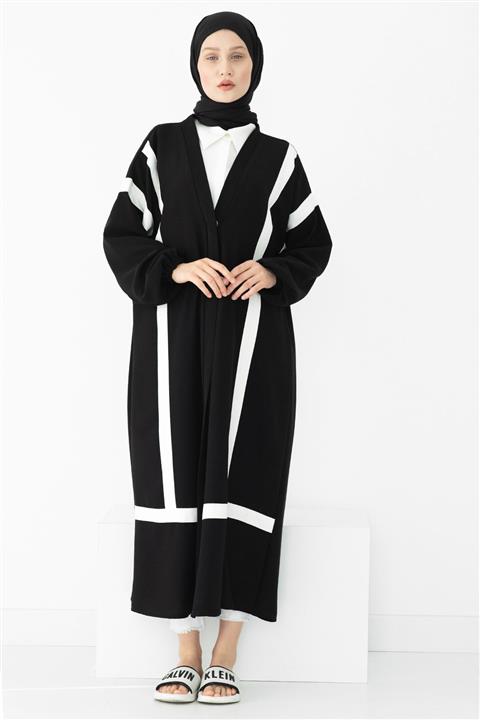 mintahayse Şeritli Abaya Kimono Bilek Lastikli Kemer Aksesuarlı