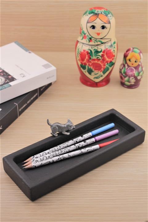 AGUELLE STYLE Siyah Ahşap Kalemlik, Bronz Kedi Figürlü