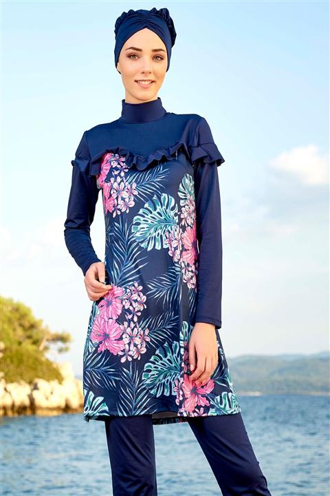 Estiva Lacivert Püsküllü Çiçekli Tam Kapalı Tesettür Mayo