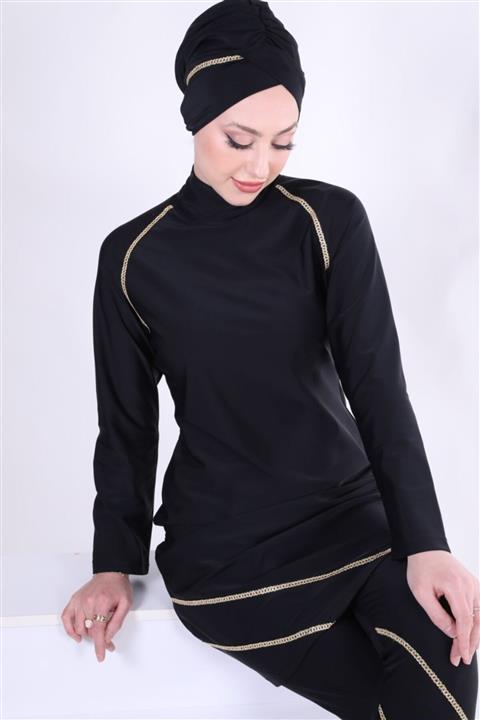 NS Tasarım Tesettür Mayo Şeritli Mayo Takım - Siyah