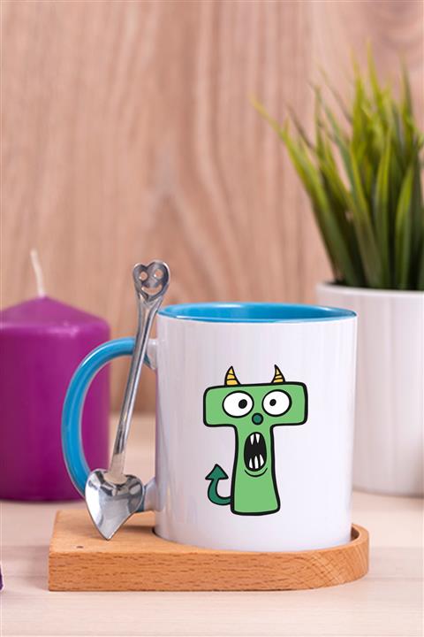 Procity Sevimli Canavarlar T Harfi Çocuklara Özel Ahşap Altlıklı Kaşıklı Mavi Kupa Bardak