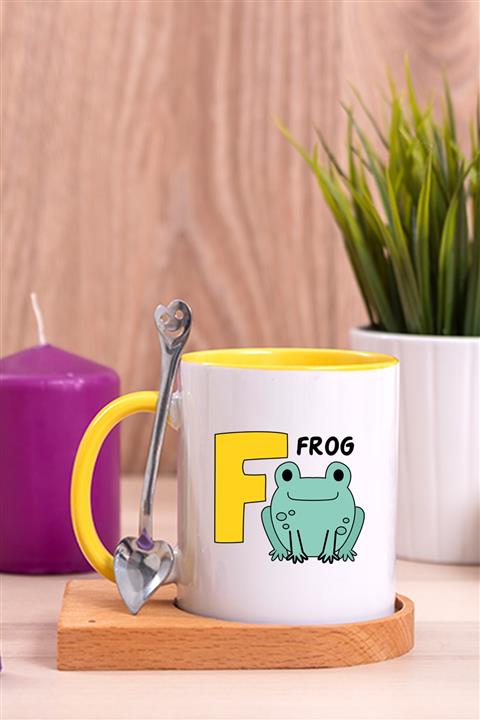 Procity Ingilizce Öğreniyorum F Harfi Çocuklara Özel Ahşap Altlıklı Kaşıklı Sarı Kupa Bardak