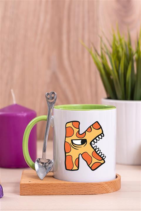 Procity Sevimli Canavarlar K Harfi Çocuklara Özel Ahşap Altlıklı Kaşıklı Yeşil Kupa Bardak