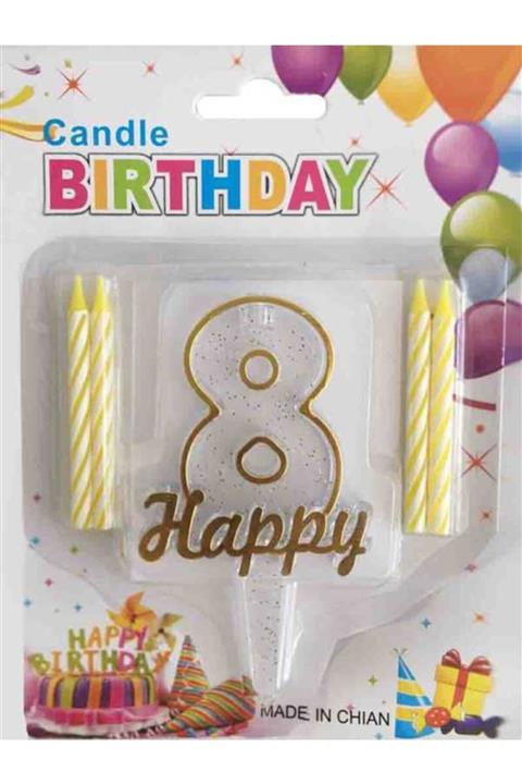 Mutlu Tasarım Altın Simli 8 Sayı Rakam Happy Yazılı 4 Mumlu Pasta Mumu