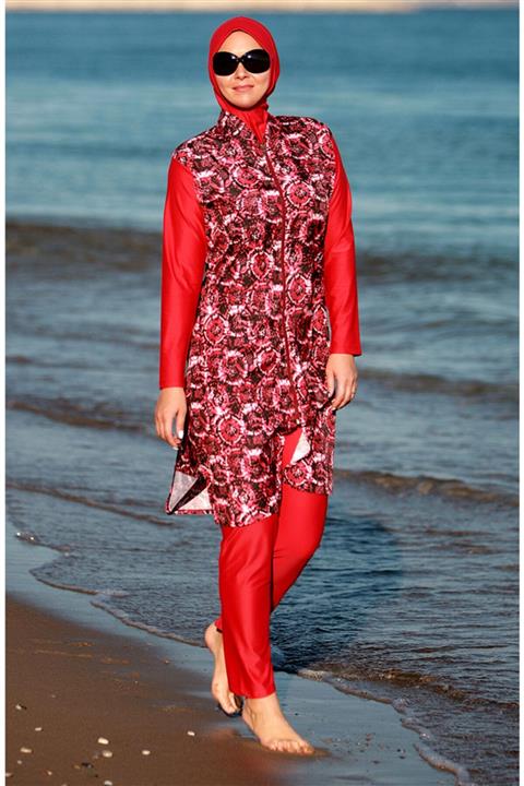 Emayo Tam Kapalı Tesettür Mayo Deniz Mayosu 2003 Desenli Ruken Bordo Batik