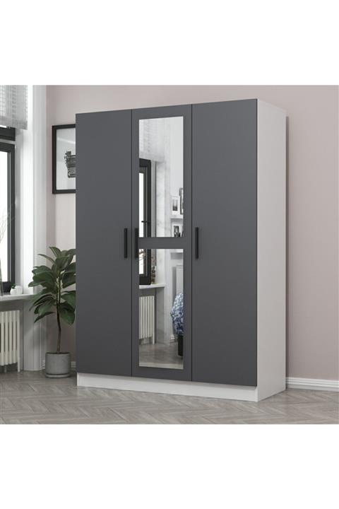 Minar Kale 3 Kapaklı 1 Aynalı 2çli Dolap Beyaz Antrasit 210cm