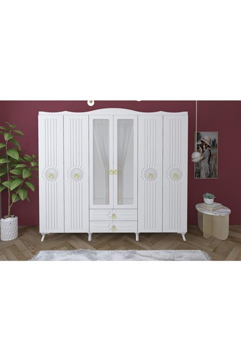 SUNROYAL Elif 6 Kapak 2 Cekmece Perdeli Ayaklı Gardırop