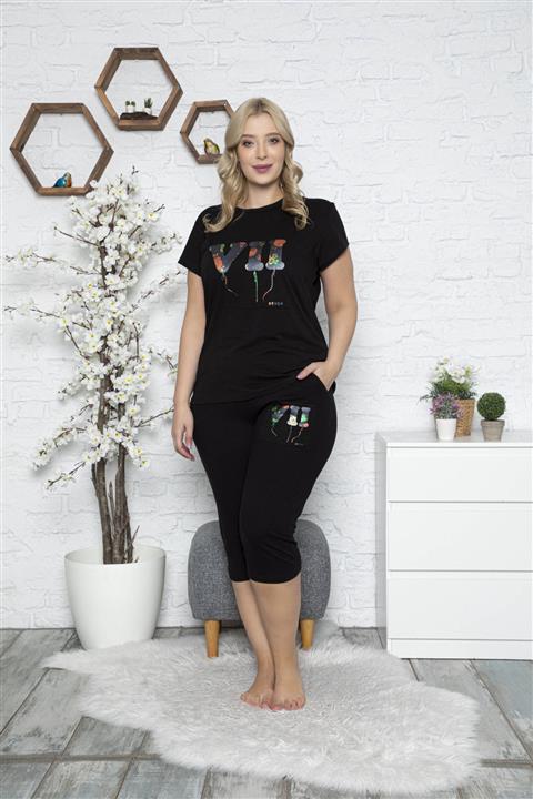 MyBen Kadın Siyah Renkli Büyük Beden Kapri Kısa Kollu Battal Pijama Takımı 50040