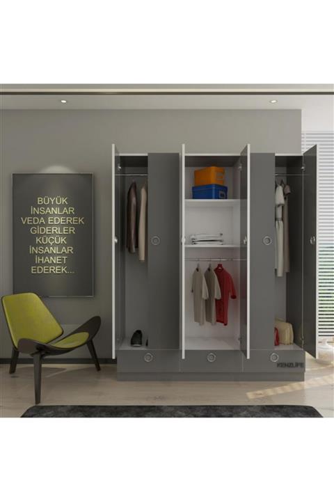Kenzlife gardırop 6 kapılı 3 çekmeceli açelya150 gri kapaklı gardolap dolap