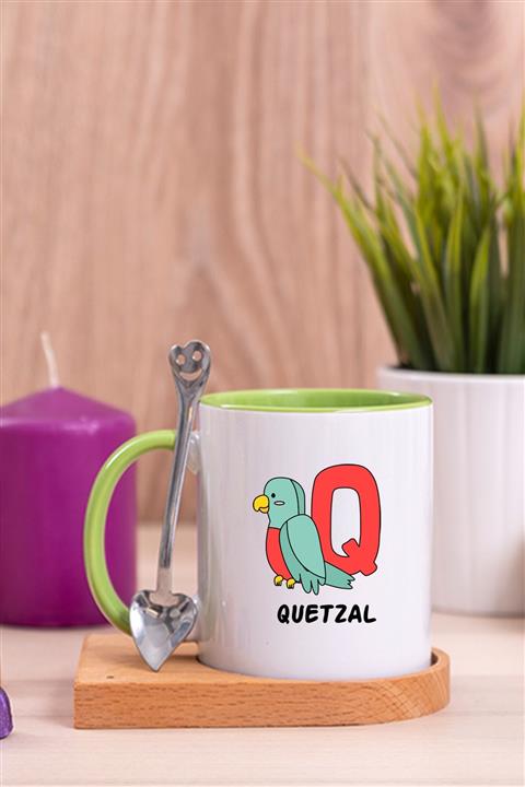 Procity Ingilizce Öğreniyorum Q Harfi Çocuklara Özel Ahşap Altlıklı Kaşıklı Yeşil Kupa Bardak