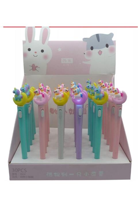 Kuki Unicorn Başlı Işıklı Tükenmez Kalem Mor