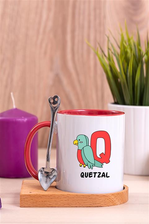 Procity Ingilizce Öğreniyorum Q Harfi Çocuklara Özel Ahşap Altlıklı Kaşıklı Kırmızı Kupa Bardak