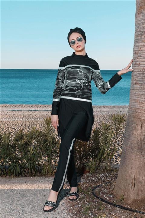 Moodbasic Kadın Siyah Şeritli Tesettür Mayo