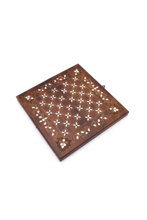 Pusula Oyun Kahverengi Sedef Kakma Telkari İşçiliği Ahşap Büyük Boy Damalı Tavla Takımı