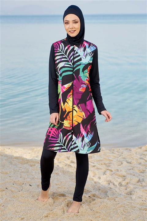 Estiva Kadın Siyah Fermuarlı Desenli Tesettür Mayo