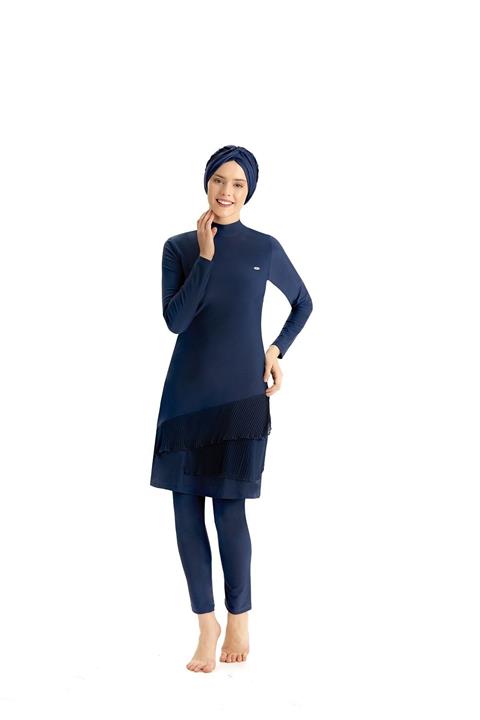Adasea Tam Kapalı Plise Detaylı Lacivert Tesettür Mayo