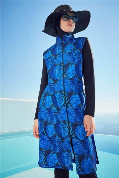 Haşema Hera Mavi Yaprak Desenli Siyah Tesettür Mayo