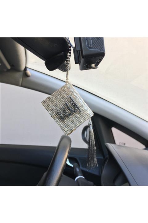 Oto Aksesuarcım Kristal Taşlı Allah Yazılı Kuran-ı Kerim Dikiz Ayna Süsü Gümüş