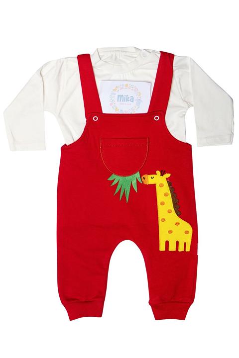 Mika Bebek & Çocuk Zürafa Desenli Unisex Mevsimlik Kırmızı Salopet Takım