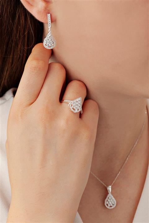 Molenga Gümüş Takı Seti Damla Kolye Yüzük Küpe