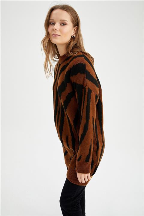 DeFacto Regular Fit Bisiklet Yaka Zebra Desenli Uzun Kollu Triko Tunik