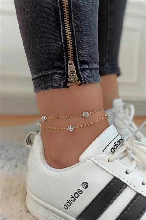 Çlk Accessories Çelik 2 Li Zincir Taşlı Topçuk Çelik Halhal Trhalha4105 B34003
