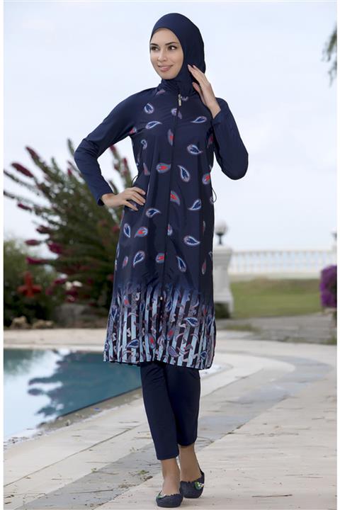 Armes Tasarım Tam Kapalı Tesettür Mayo Yaprak Dökümü Desenli 301/182 Lacivert
