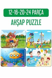 Baskı Atölyesi Çiftçi Çocuk Ve At Arabası, Oyun Parkı, Deniz Ve Tatil, Denizaltı Ahşap Puzzle Seti