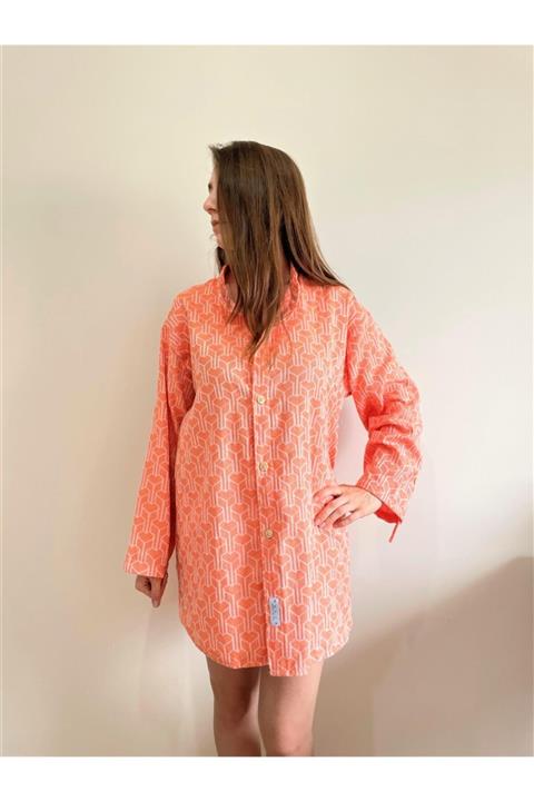 Mulia Unisex Turuncu Renk Geometrik Desen Peştemal Gömlek