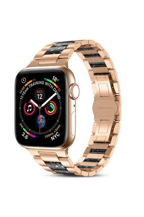 Apple Watch 40 Mm Reçine Taşı Görünüm Metal Kordon Kayış Siyah + Popsocket Uyumlu