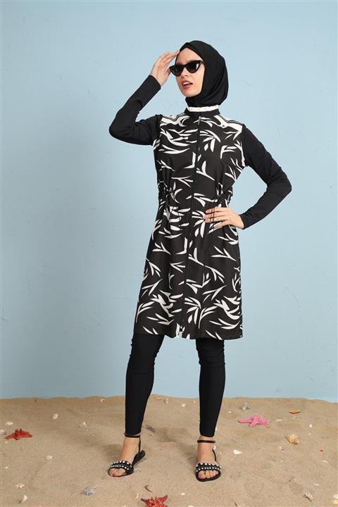 Moodbasic Yaprak Dessenli Taş Detaylı Tesettür Mayo (tesettür Haşema) Nisaca