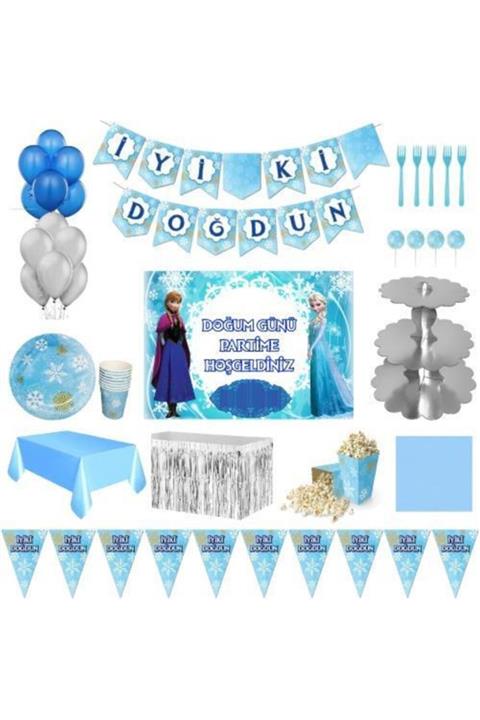 Frozen Elsa Frozen Afişli Lüks Kar Taneli Doğum Günü Parti Süsleri 16 Kişilik