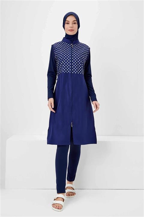 Haşema Nehar Beyaz Puantiyeli Lacivert Tesettür Mayo