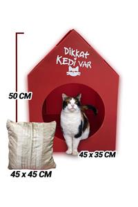 Pati Mama Minderli Kırmızı Kedi Evi (büyük Boy 50x45x35 Cm) - Kedi Kulübesi - Canlar Için Sıcak Yuva