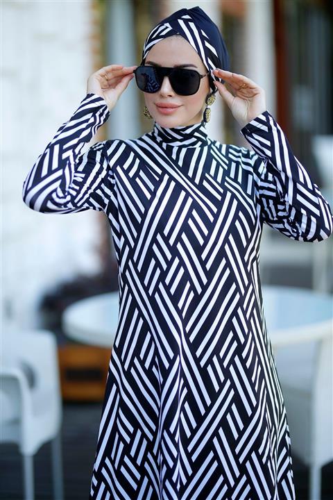 Remsa Mayo Kadın Siyah Zik Zak Likralı Tam Kapalı Tesettür Mayo 2201