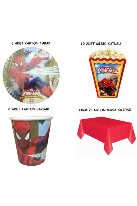 SPIDERMAN Örümcek Adam Spiderman Tabak Bardak Mısır Kutusu Masa Örtüsü Seti 8 Kişilik