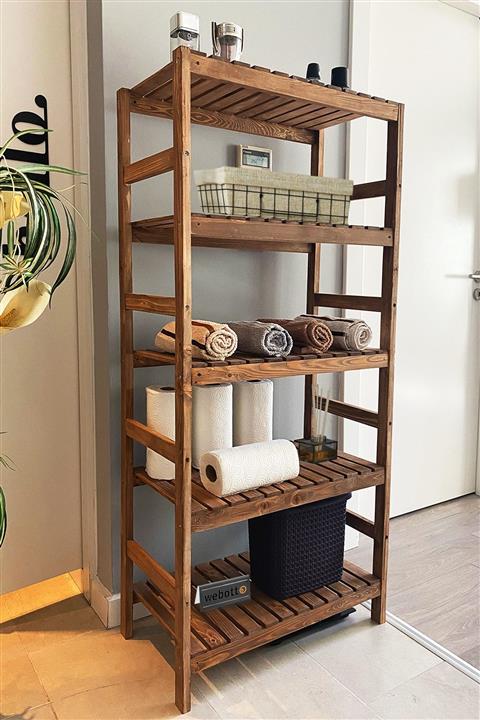 Webotto Masif Ahşap Dekoratif 5 Raflı Banyo Rafı Cevizxl