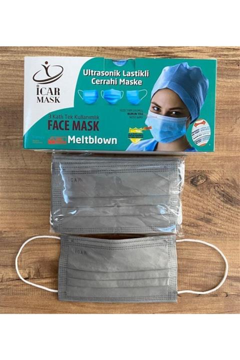İCAR MASK 50 Adet Gri Renk Meltblown Maske 3 Katlı Telli Tek Kullanımlık Sağlık Bakanlığı Onaylı