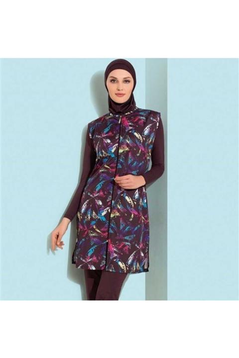 LADYTES Kadın Mürdüm Yelekli Tesettür Mayo Gkn790