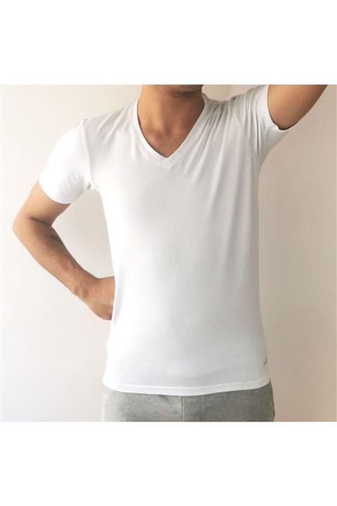YeaP Underwear Beyaz Pamuklu Likralı Erkek V Yaka Yarım Kollu Atlet - Tişört