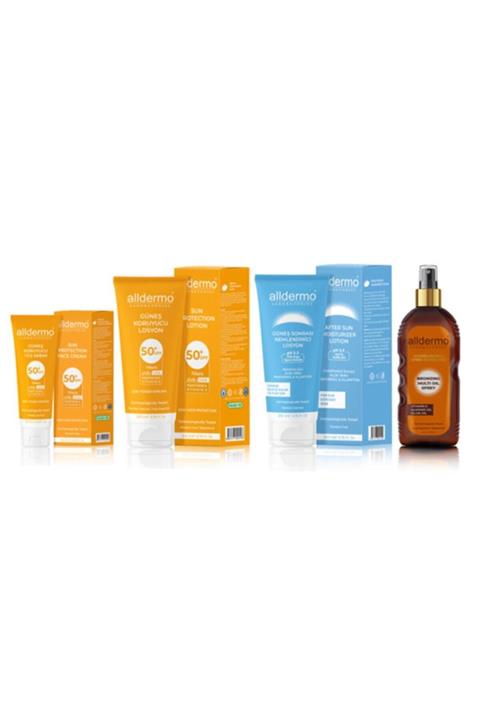 Alldermo Güneş Koruyucu Set - Yüz Kremi 75m + Vücut Losyonu 200m + Aftersun 200m + Güneş Yağı 200m