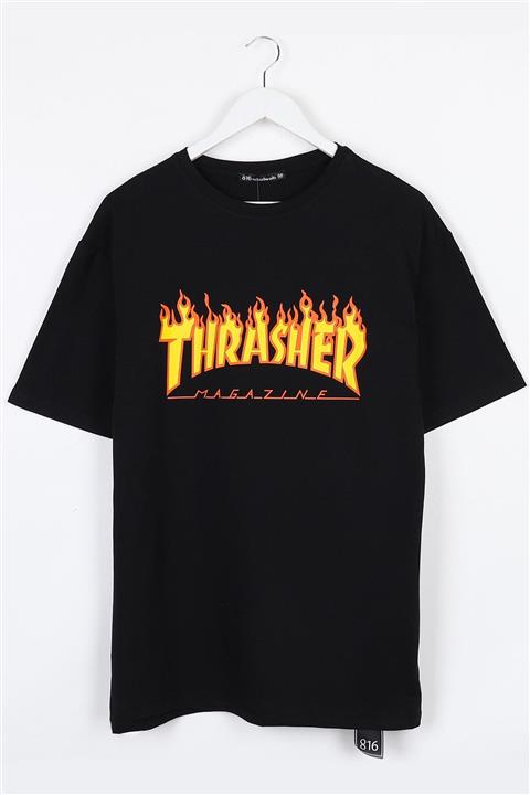 Sekizbiraltı Thrasher Baskılı Siyah Oversize Unisex Tshirt